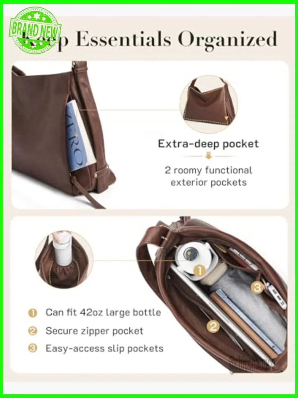 Large Vegan Leather Hobo Bag with Adjustable Strap Multi-Pockets Tote